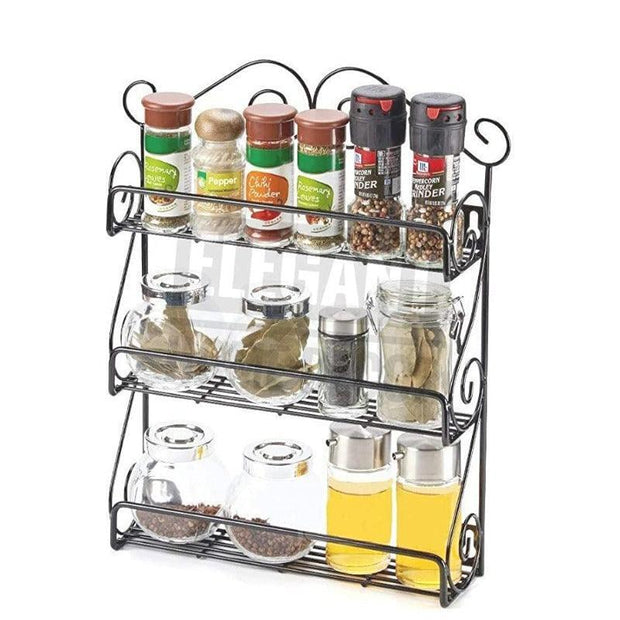 Wall Mounted 3-Tier Scroll Storage Spice Rack Organizer (Black) - WoodenTwist