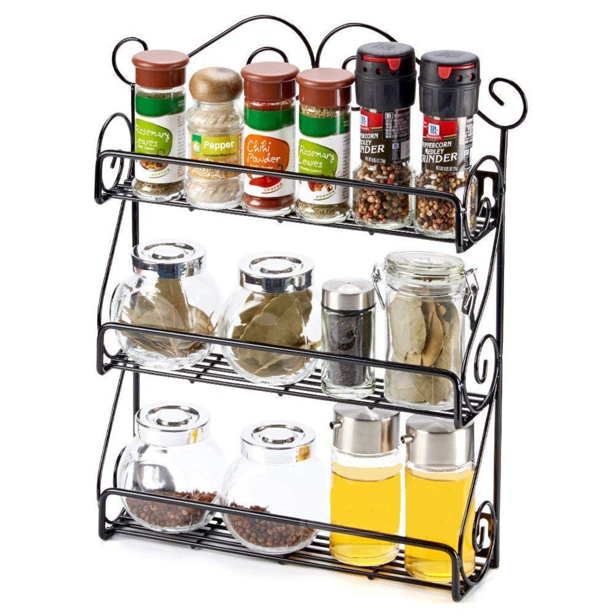 Wall Mounted 3-Tier Scroll Storage Spice Rack Organizer (Black) - WoodenTwist