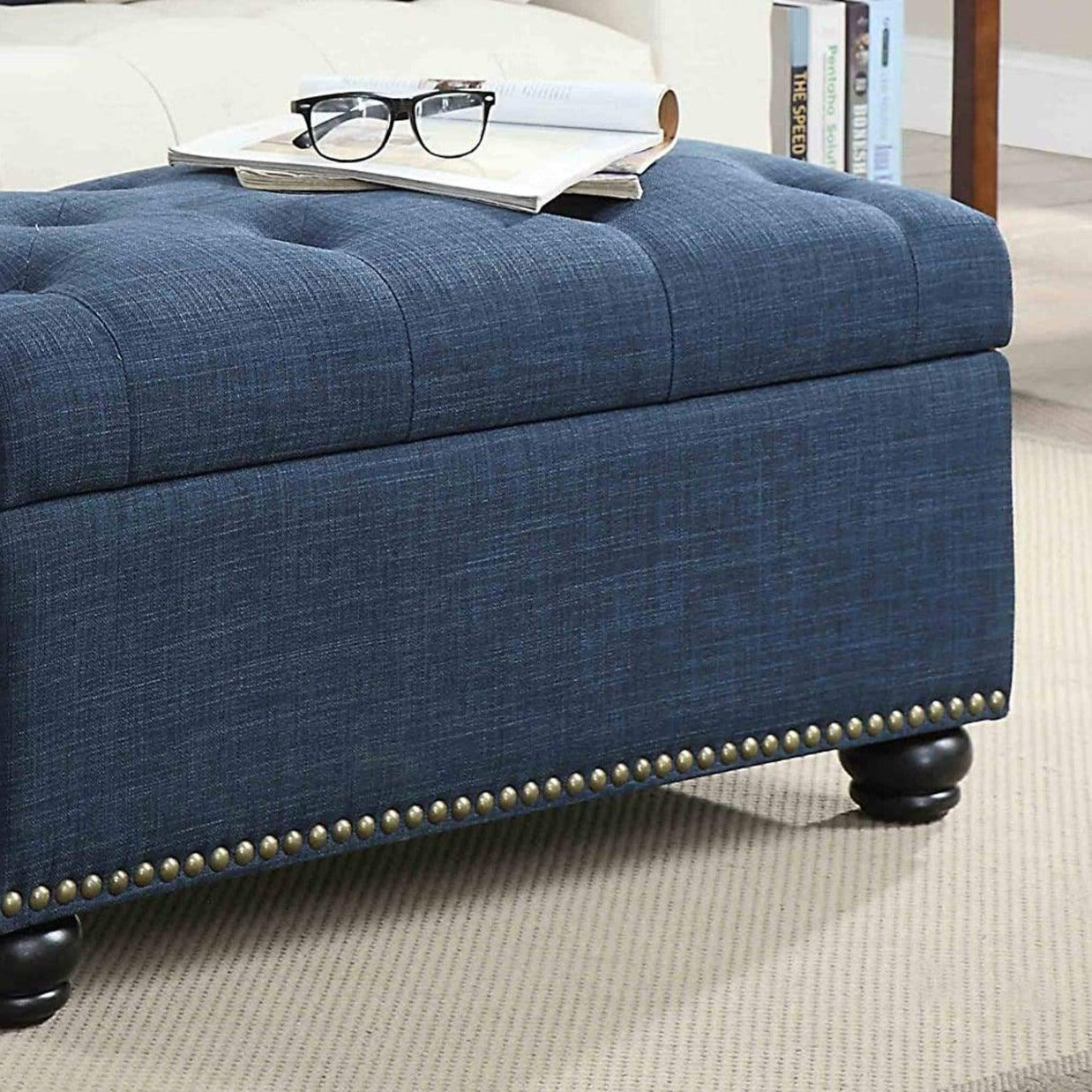 Tufted Rectangle Storage Ottoman Pouffes Footrest Stool with 4 Wooden Legs - WoodenTwist