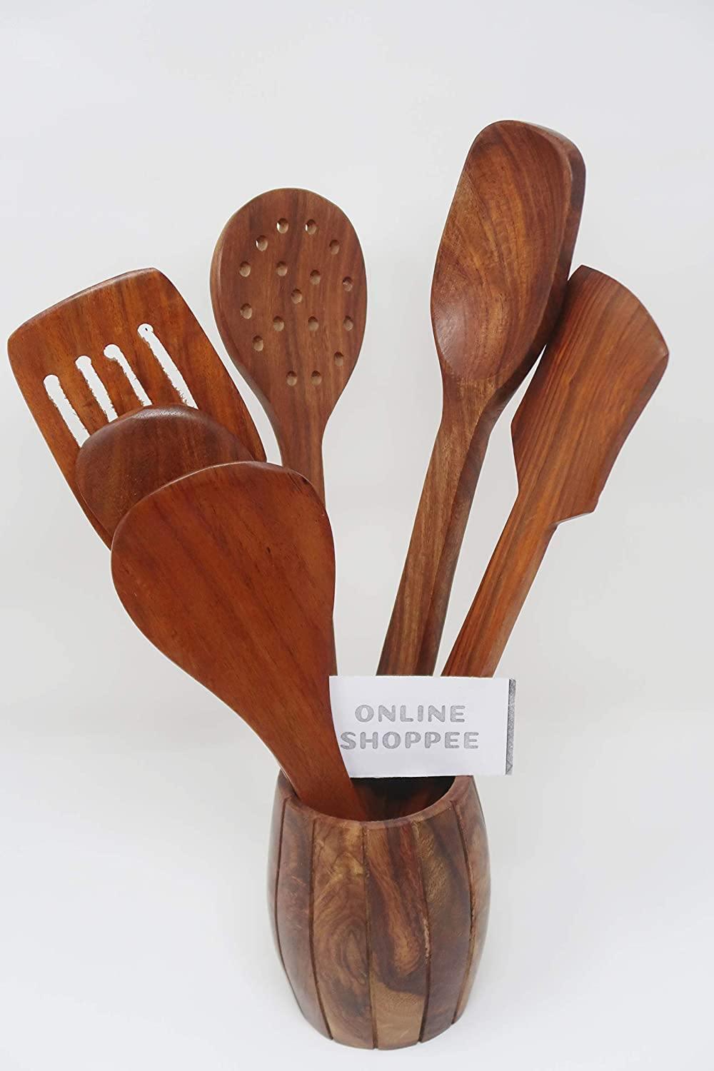 Wooden Kitchen Spoon Set of 6 with Barrel Stand - stand view