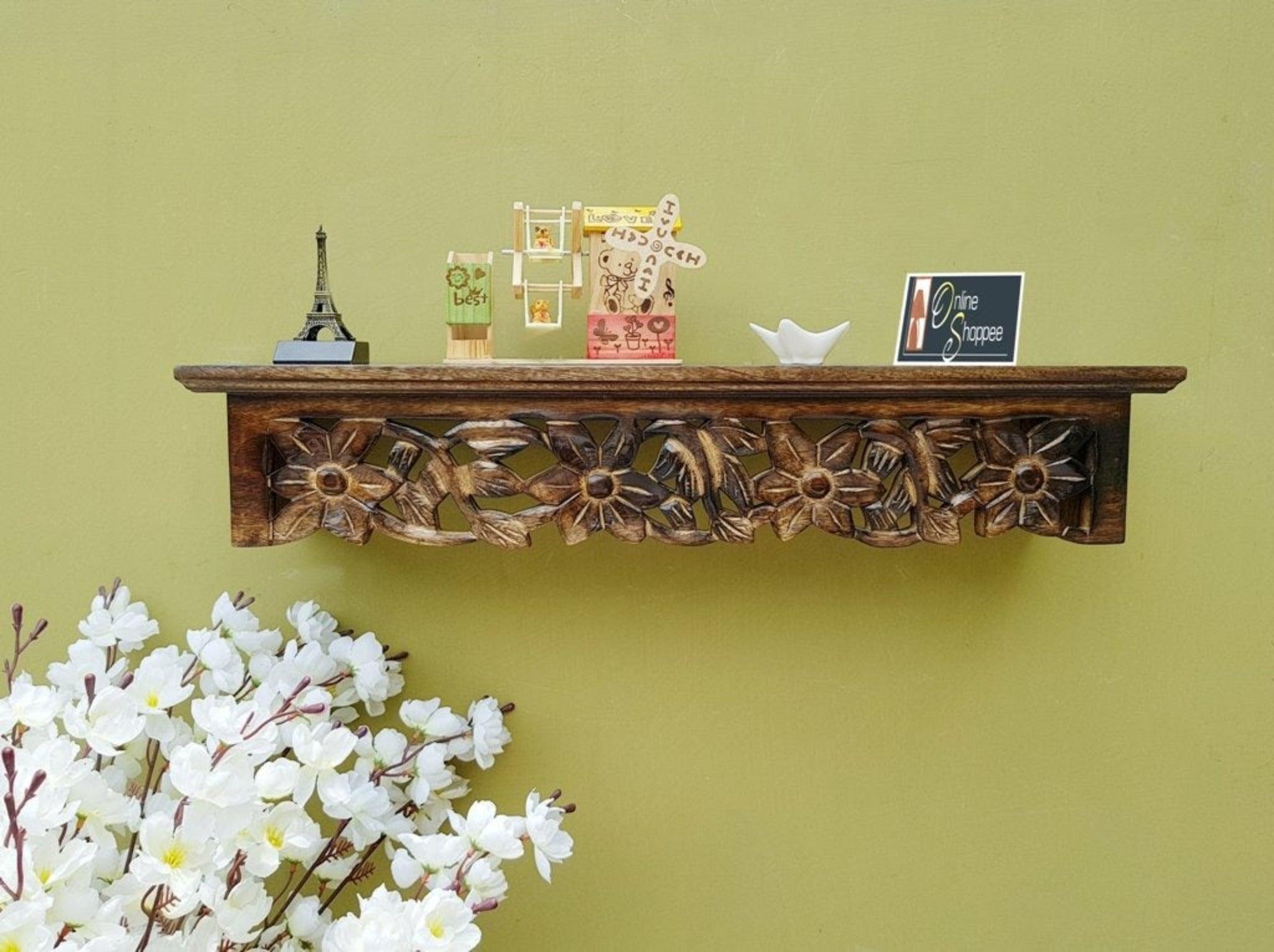Onlineshoppee Wooden Hand Carved Wall Shelf with Jali Work - Jali detail - WoodenTwist