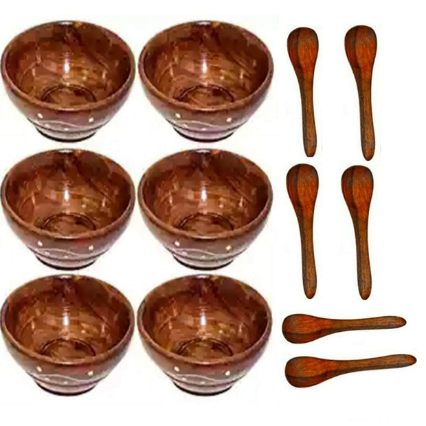 Sheesham Wood Bowl Set of 6 with 6 tea spoons in brown