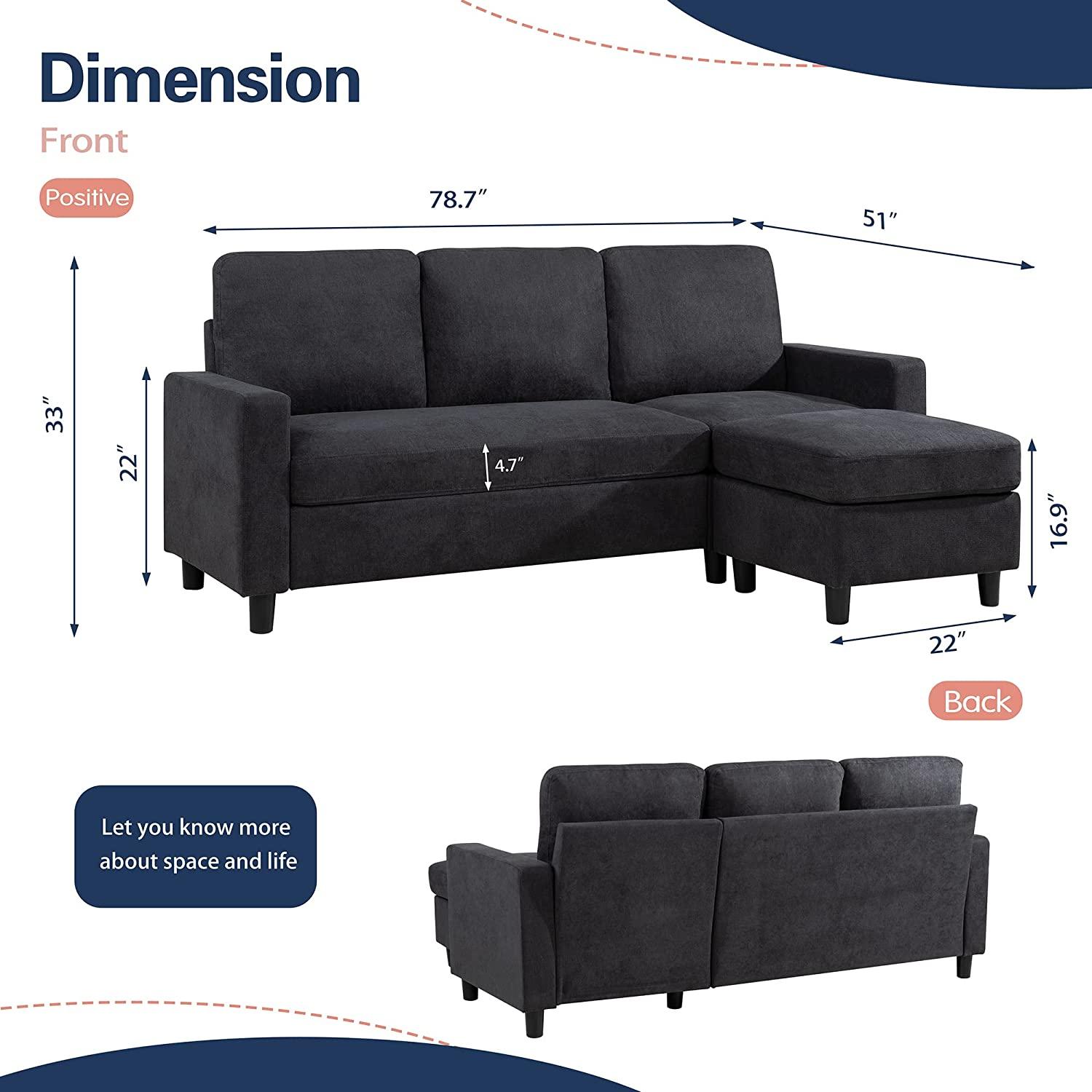 Convertible L-Shaped Wide Reversible Sectional Sofa 3 Seater With Ottoman - WoodenTwist