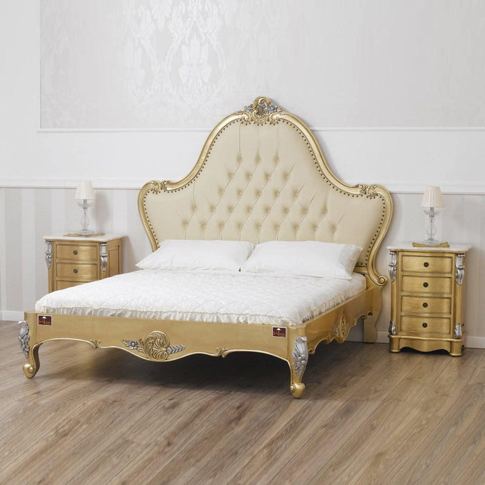 Golden Queen Size Teak Wood Bed Hand Carved with Cushioned Design - WoodenTwist