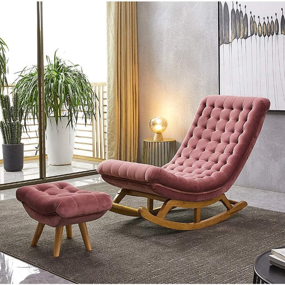 Pink Recliner Lounger Wooden Rocking Chair in Premium Soft Comfortable Cushion