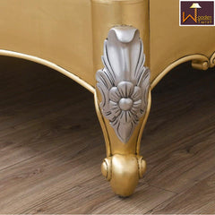 Golden Queen Size Teak Wood Bed Hand Carved with Cushioned Design - WoodenTwist