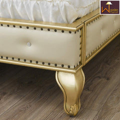 Golden Queen Size Teak Wood Bed Heavy Carved with Cushioned Design - WoodenTwist