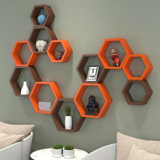Hexagonal Shape Wooden Floating Wall Shelves Set of 12 - WoodenTwist