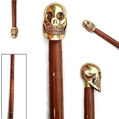 Antique Brass Handle Vintage Style Wooden Walking Cane Stick Skull Head - WoodenTwist