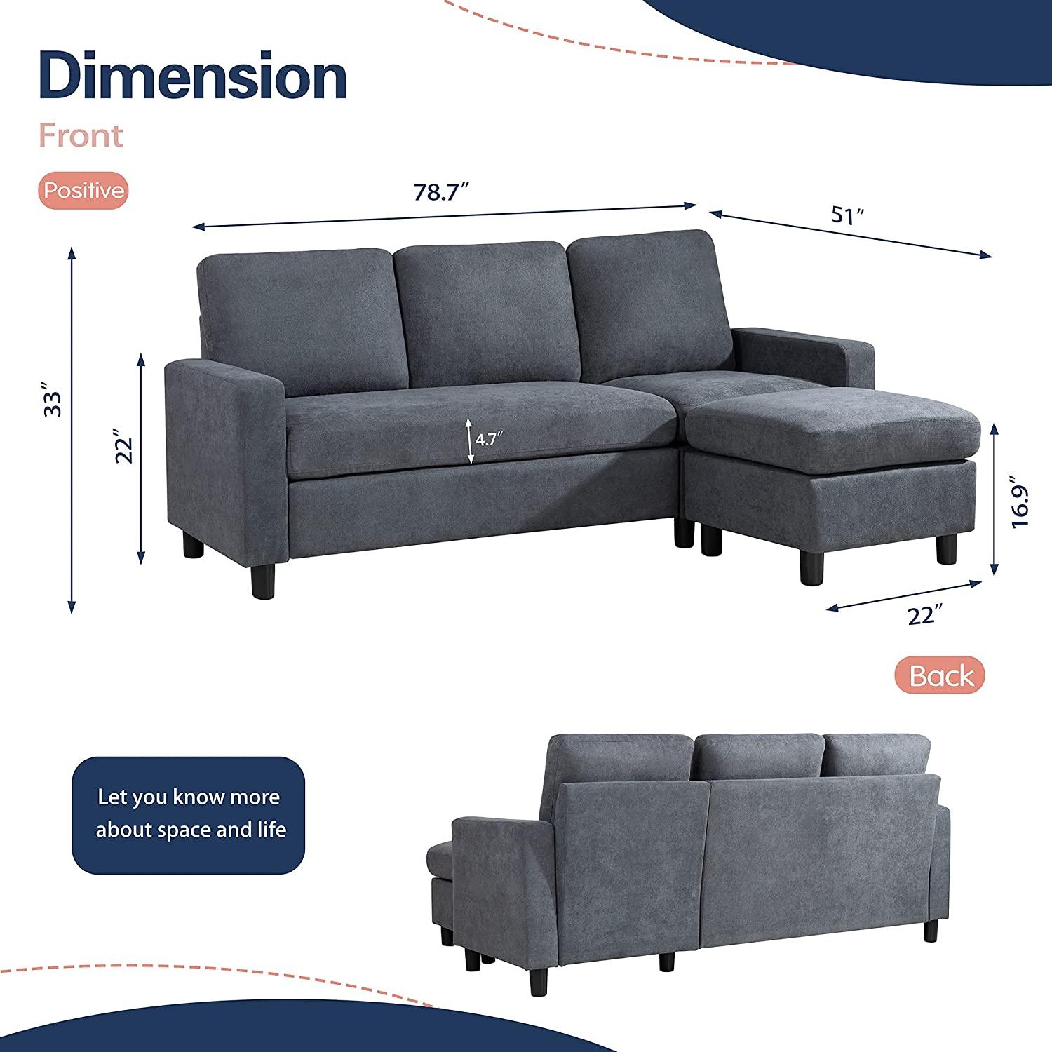 Convertible L-Shaped Wide Reversible Sectional Sofa 3 Seater With Ottoman - WoodenTwist