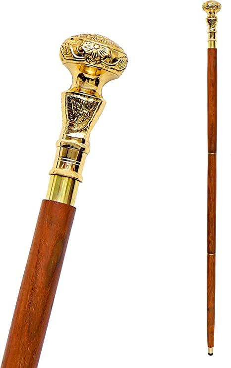 Antique Brass Design Head Handle Vintage Style Wooden Walking Cane Stick - WoodenTwist