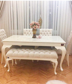 Elegant Teak Wood 6 Seater Dining Set with Bench (Beige Finish) - WoodenTwist