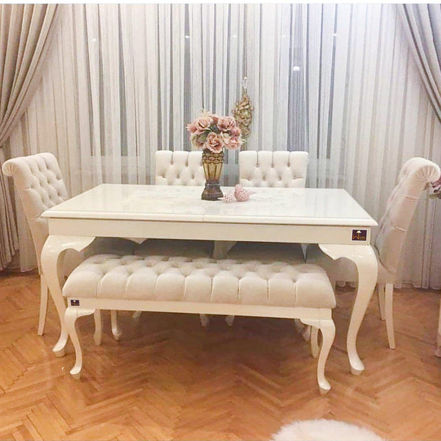 Elegant Teak Wood 6 Seater Dining Set with Bench (Beige Finish) - WoodenTwist