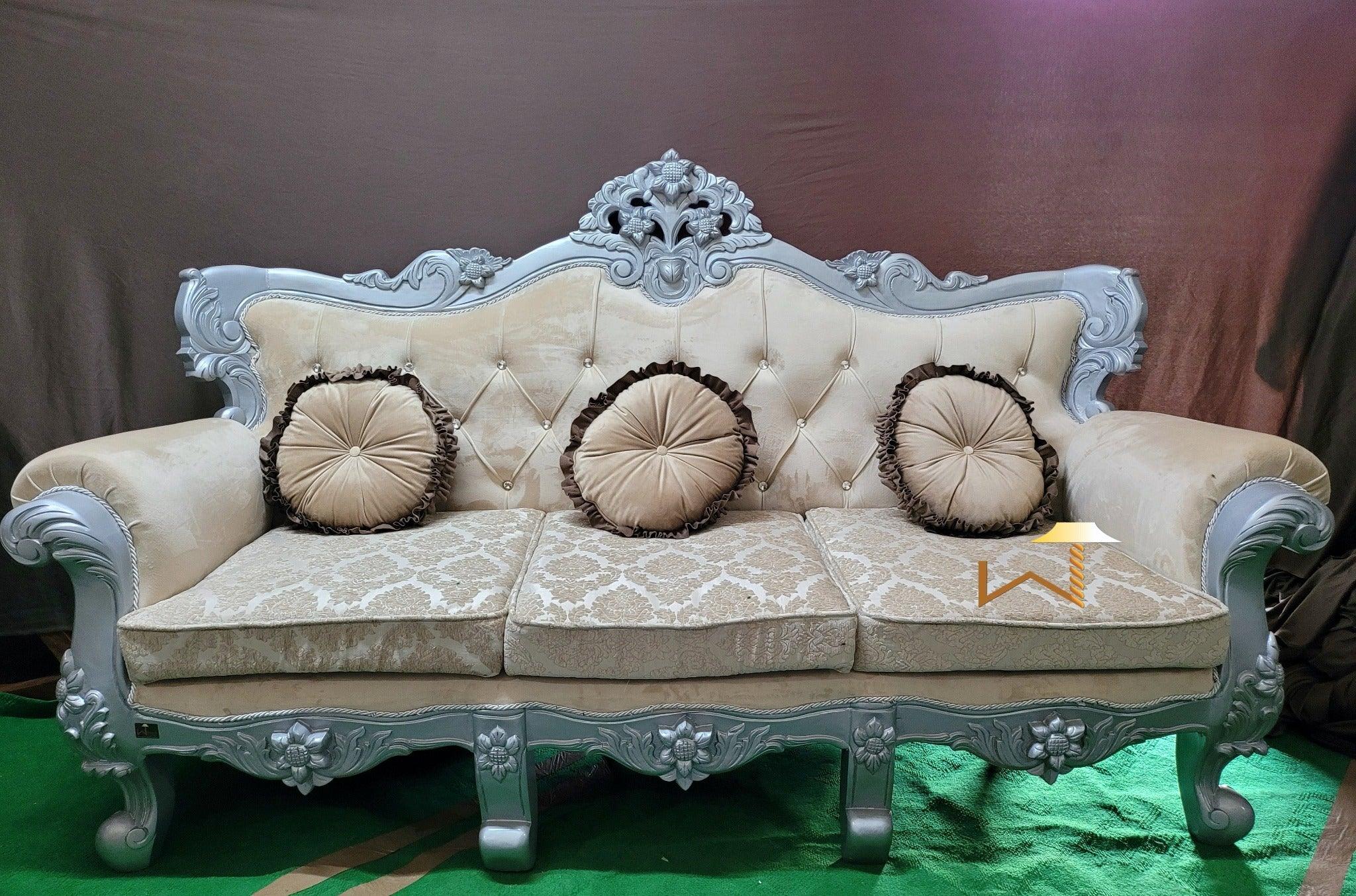 Royal Antique Silver Carved Maharaja Sofa Set 8 Seater - WoodenTwist