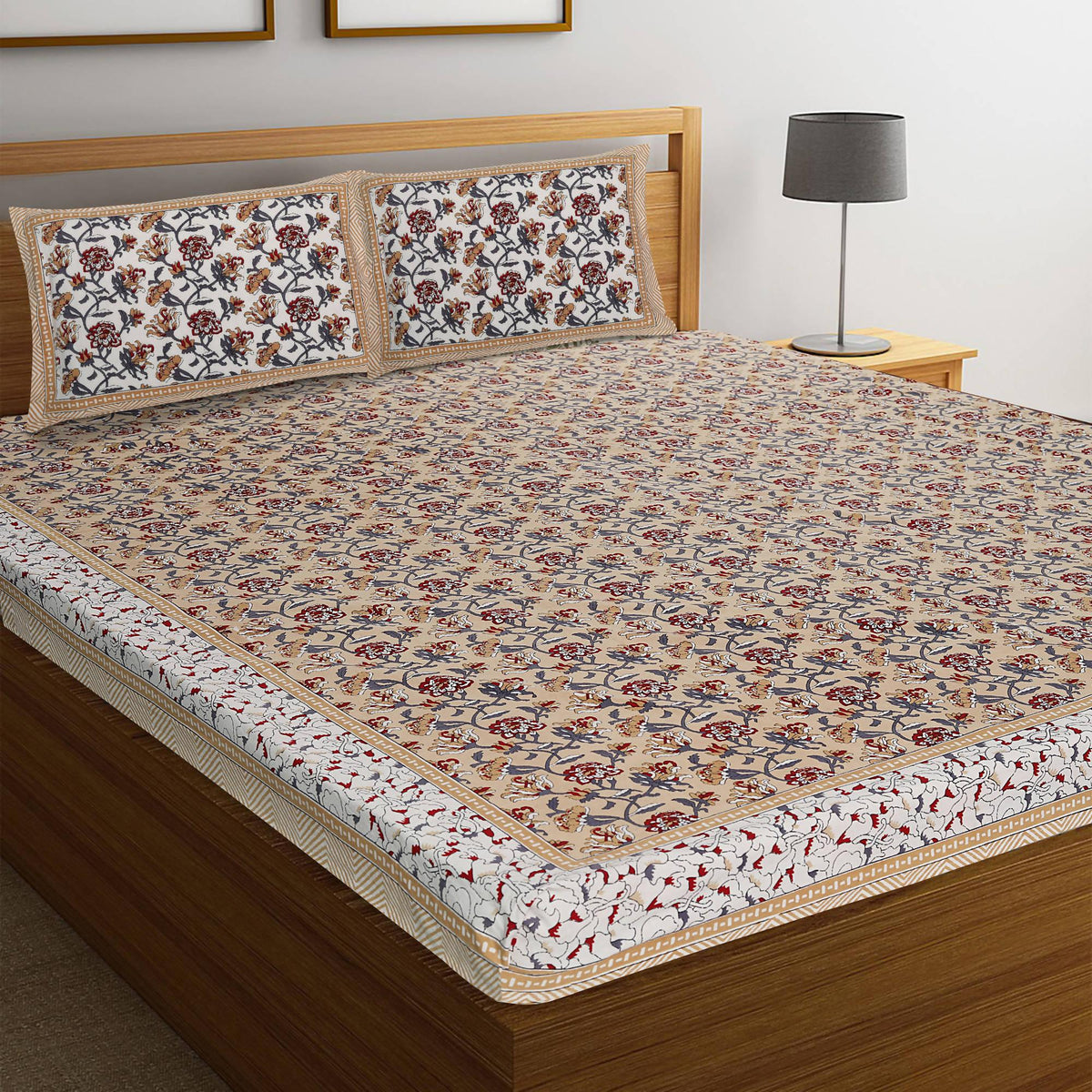 Rajasthani Jaipuri Cotton Block Print Double Bedsheets with 2 Pillow Covers - WoodenTwist