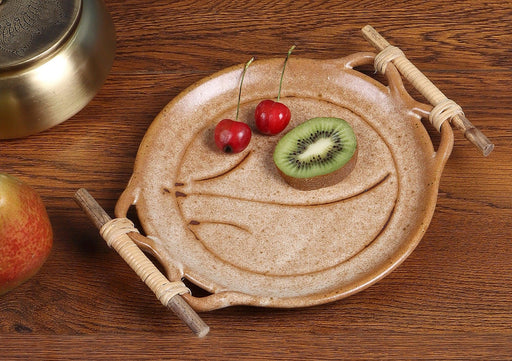 STUDIO POTTERY ROUND PLATTER WITH CANE HANDLE - WoodenTwist