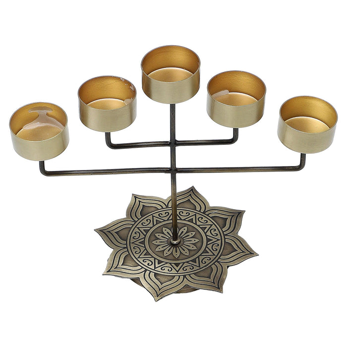 Alpana Panch Diya with stand (Gold & Antique finish) - WoodenTwist