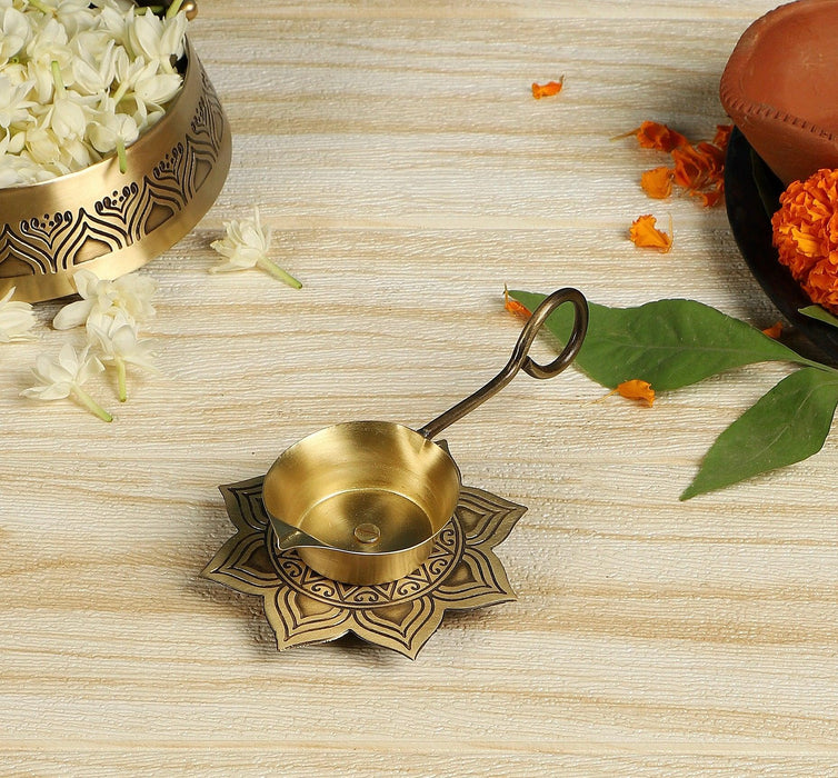 Alpana Arti Diya with Handle (Gold & Antique Finish) - WoodenTwist