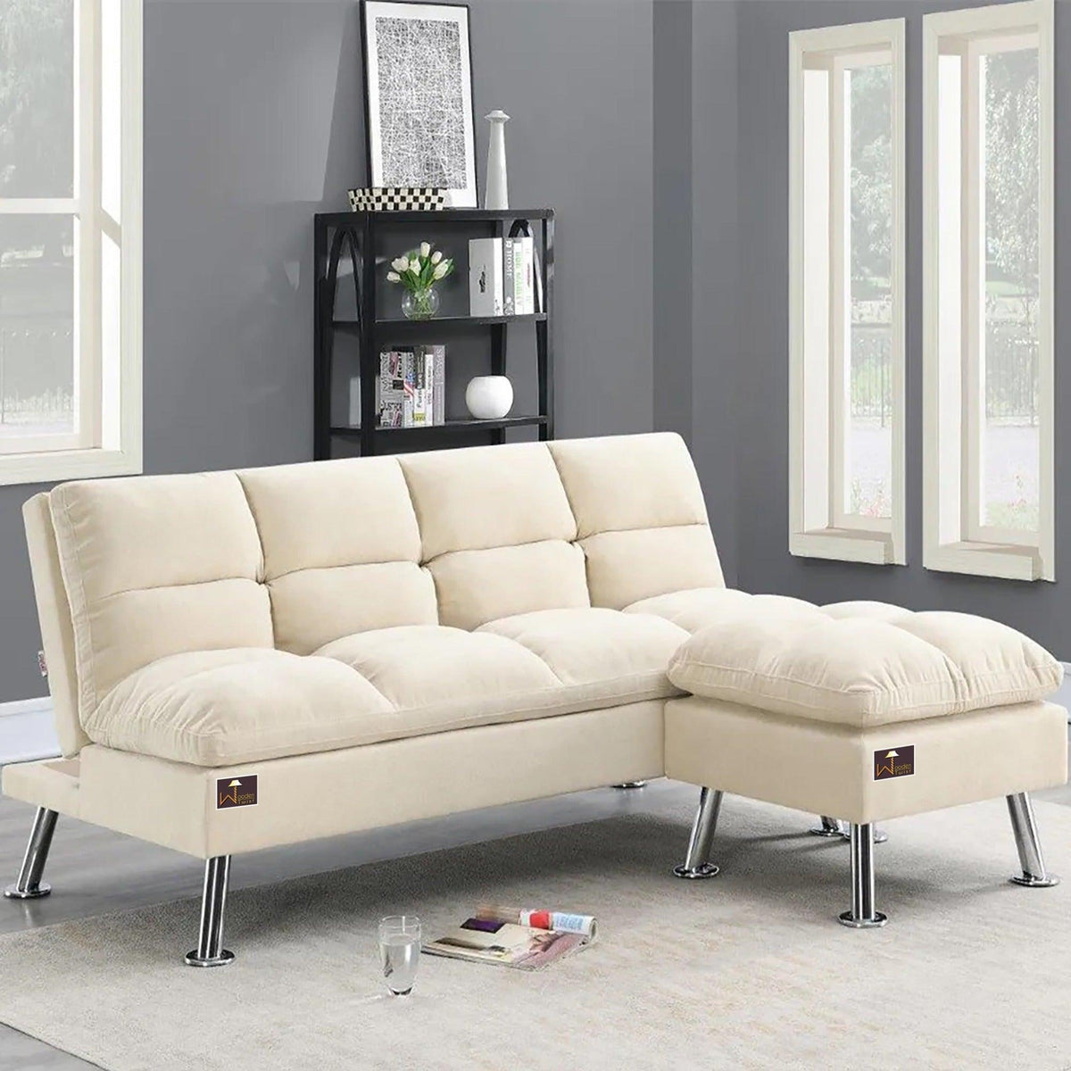 Carissa 3 Seater Sofa Cum Bed for Living Room with Ottoman (Metal Legs) - WoodenTwist