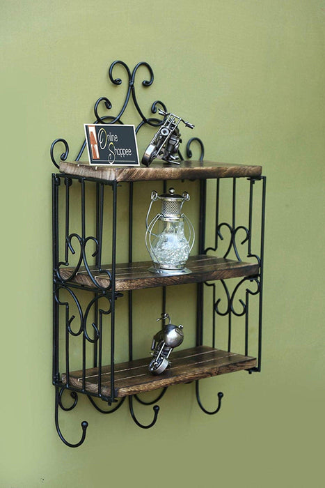 Wooden & Iron 3 Shelf Book/ Kitchen Rack With Cloth/Cup Hanger - WoodenTwist