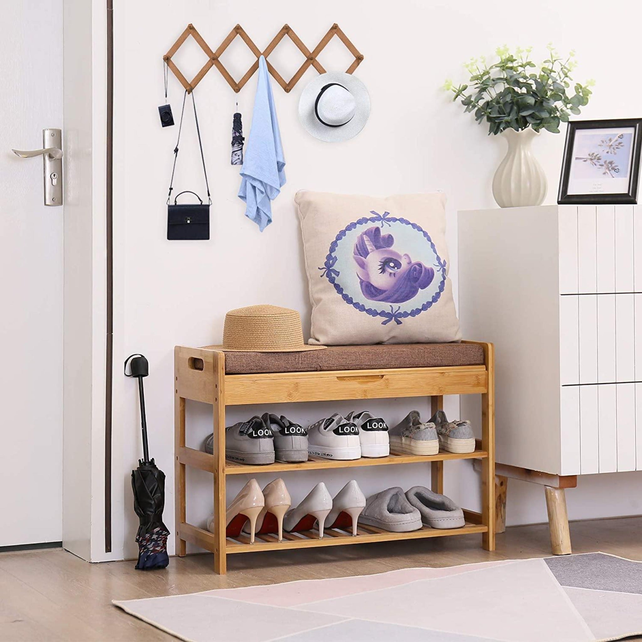 3-Tier Shoe Organizer in Bamboo Wood/Modern Stool with Cushion for Hallway - WoodenTwist