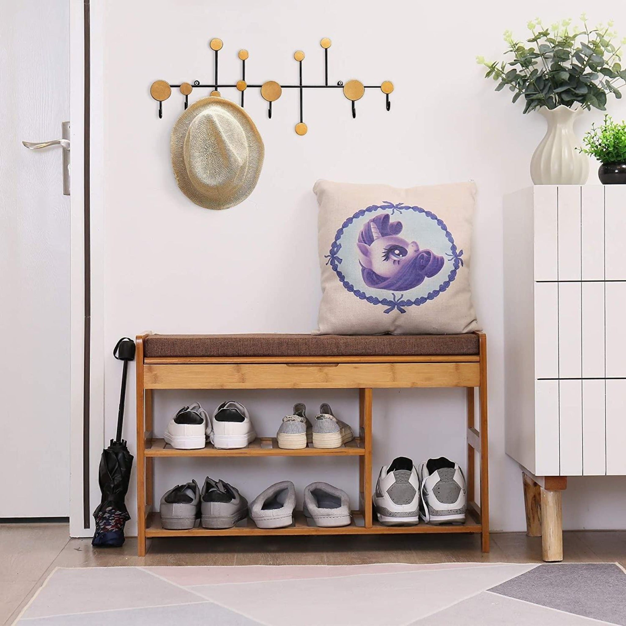 Entryway 3-Tier Shoe Organizer/Storage Shelf with Cushion for Boots, Modern Stool for Bedroom Living Room - WoodenTwist