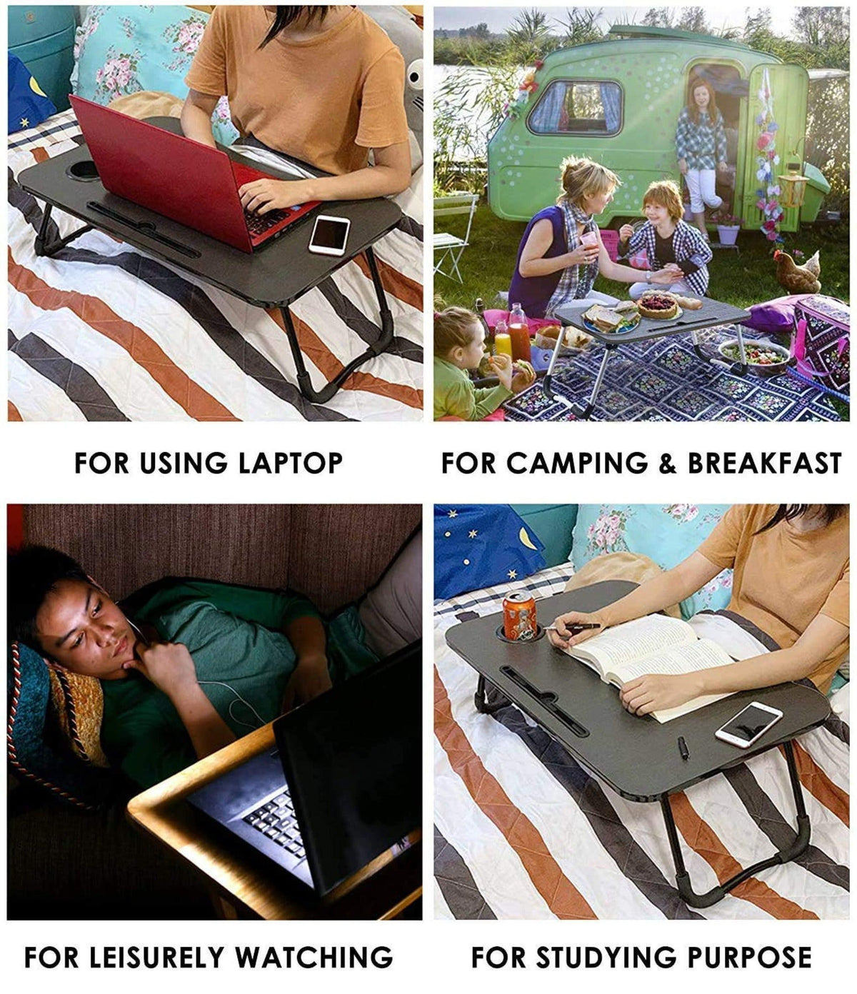 Foldable Laptop Table With Cup Holder And Mobile Tablet Holder (Grey) - WoodenTwist
