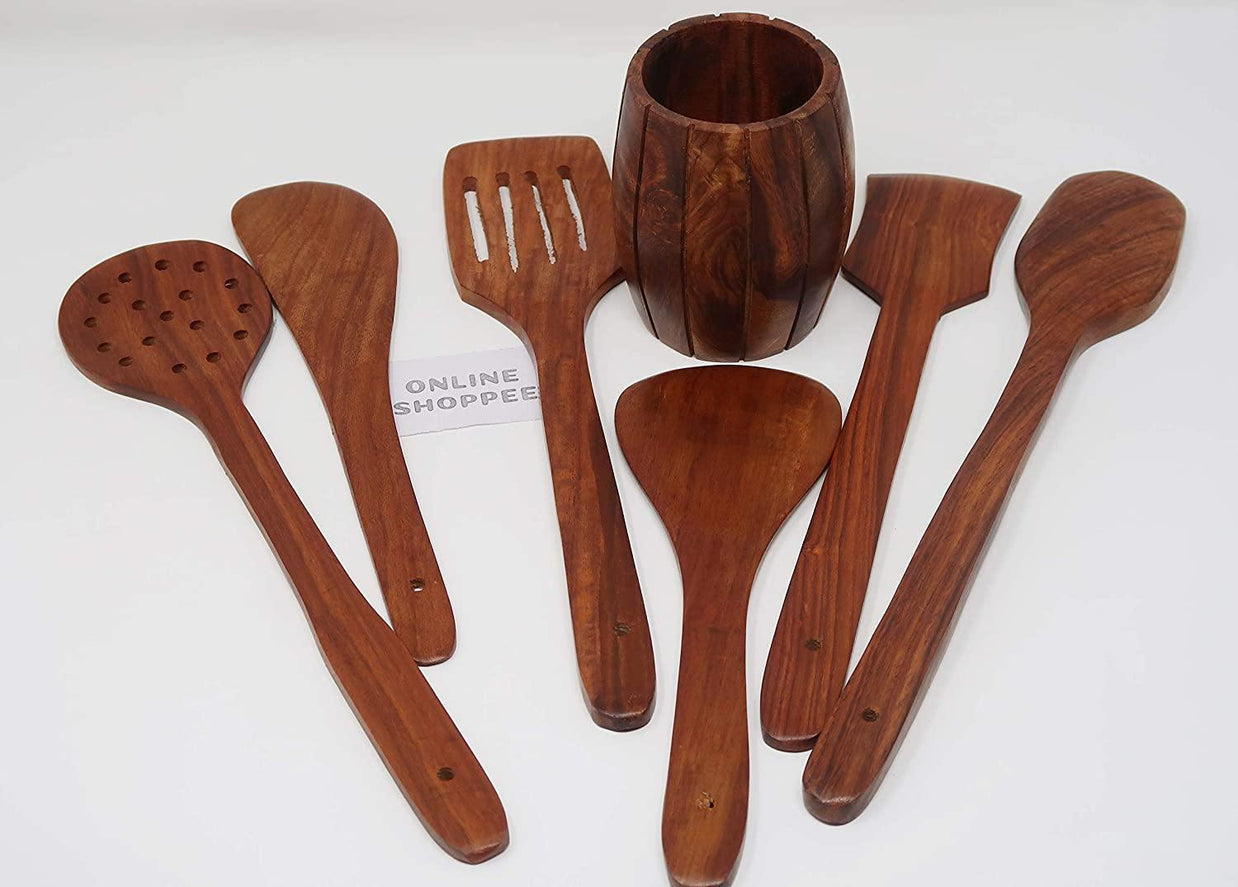 Wooden Kitchen Spoon Set of 6 with Barrel Stand - lifestyle setting