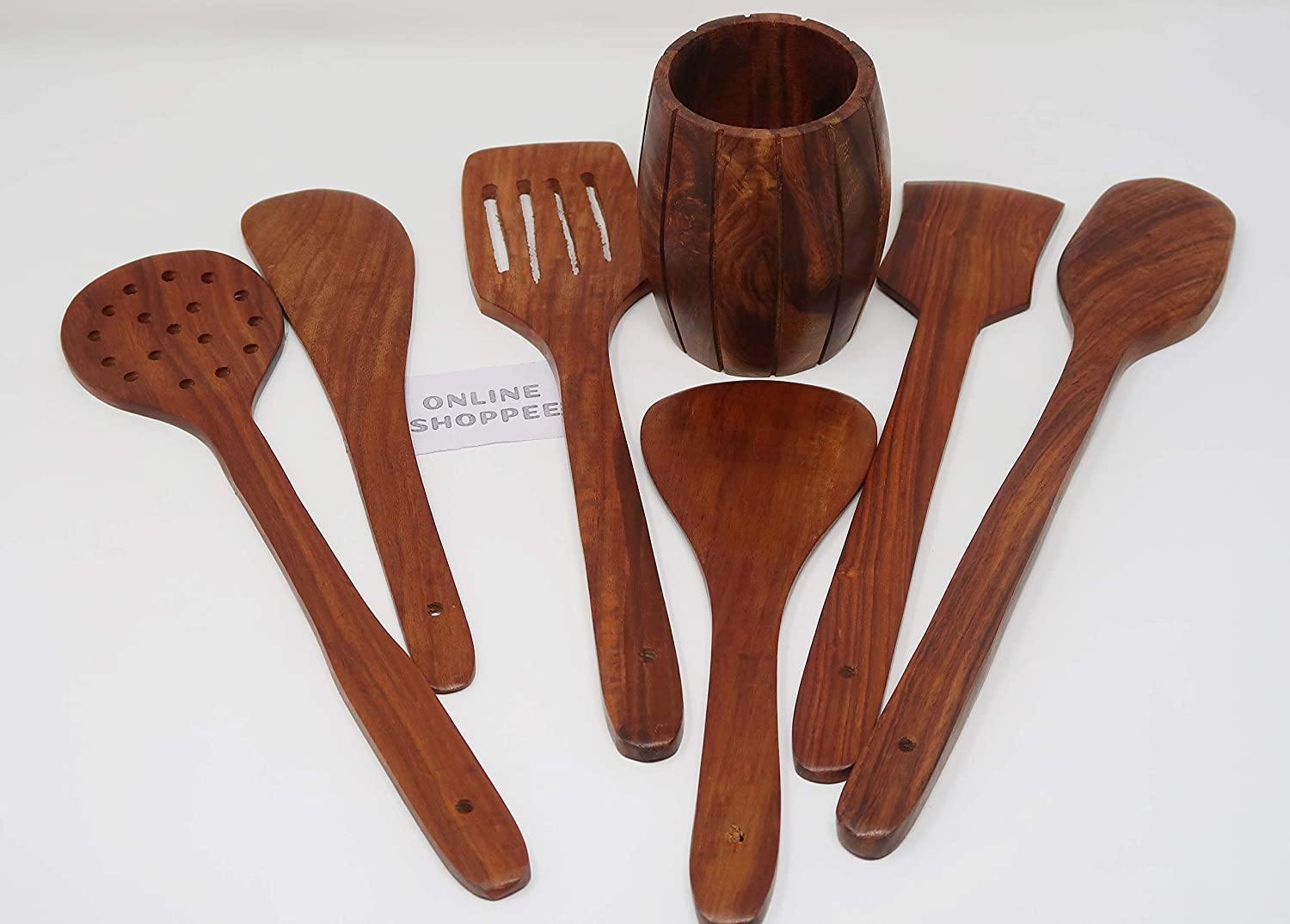Wooden Kitchen Spoon Set of 6 with Barrel Stand - lifestyle setting