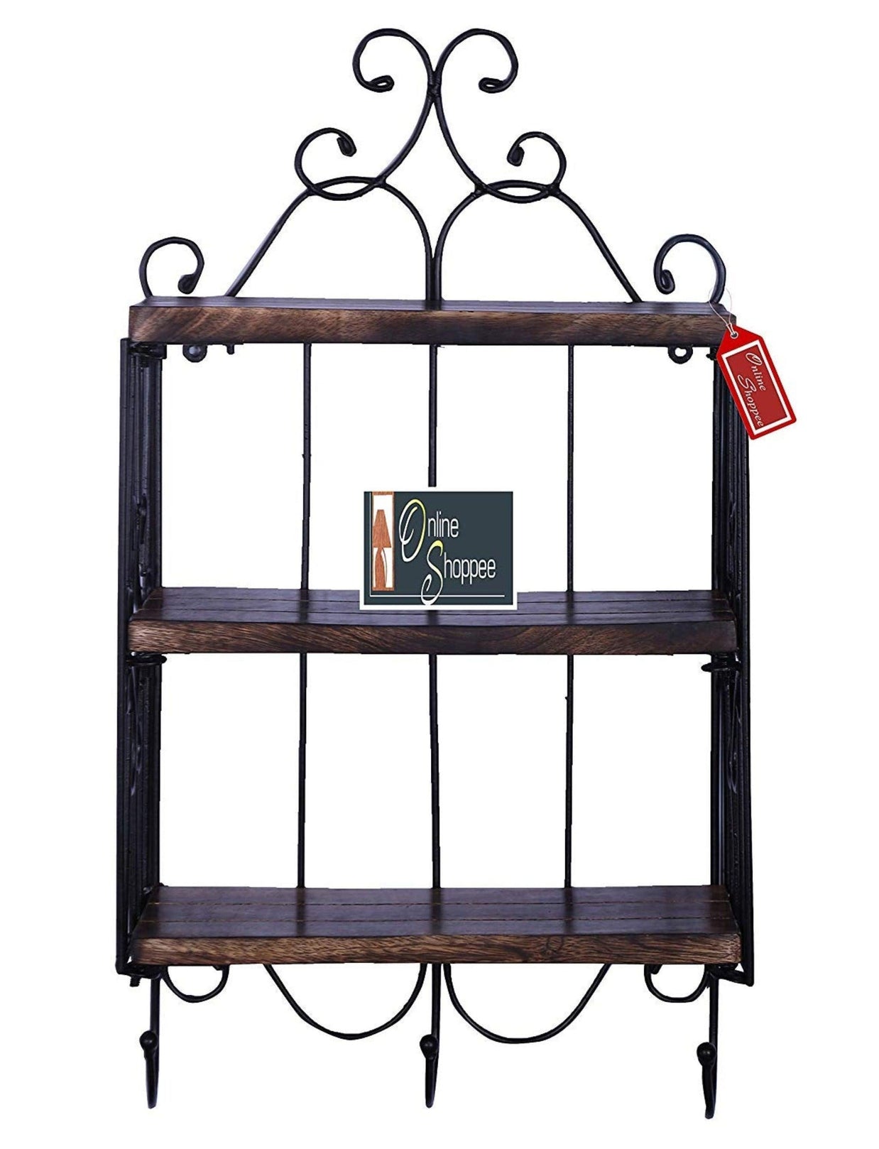 Wooden & Iron 3 Shelf Book/ Kitchen Rack With Cloth/Cup Hanger - WoodenTwist