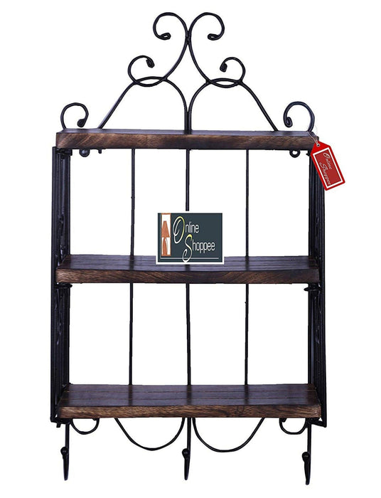 Wooden & Iron 3 Shelf Book/ Kitchen Rack With Cloth/Cup Hanger - WoodenTwist
