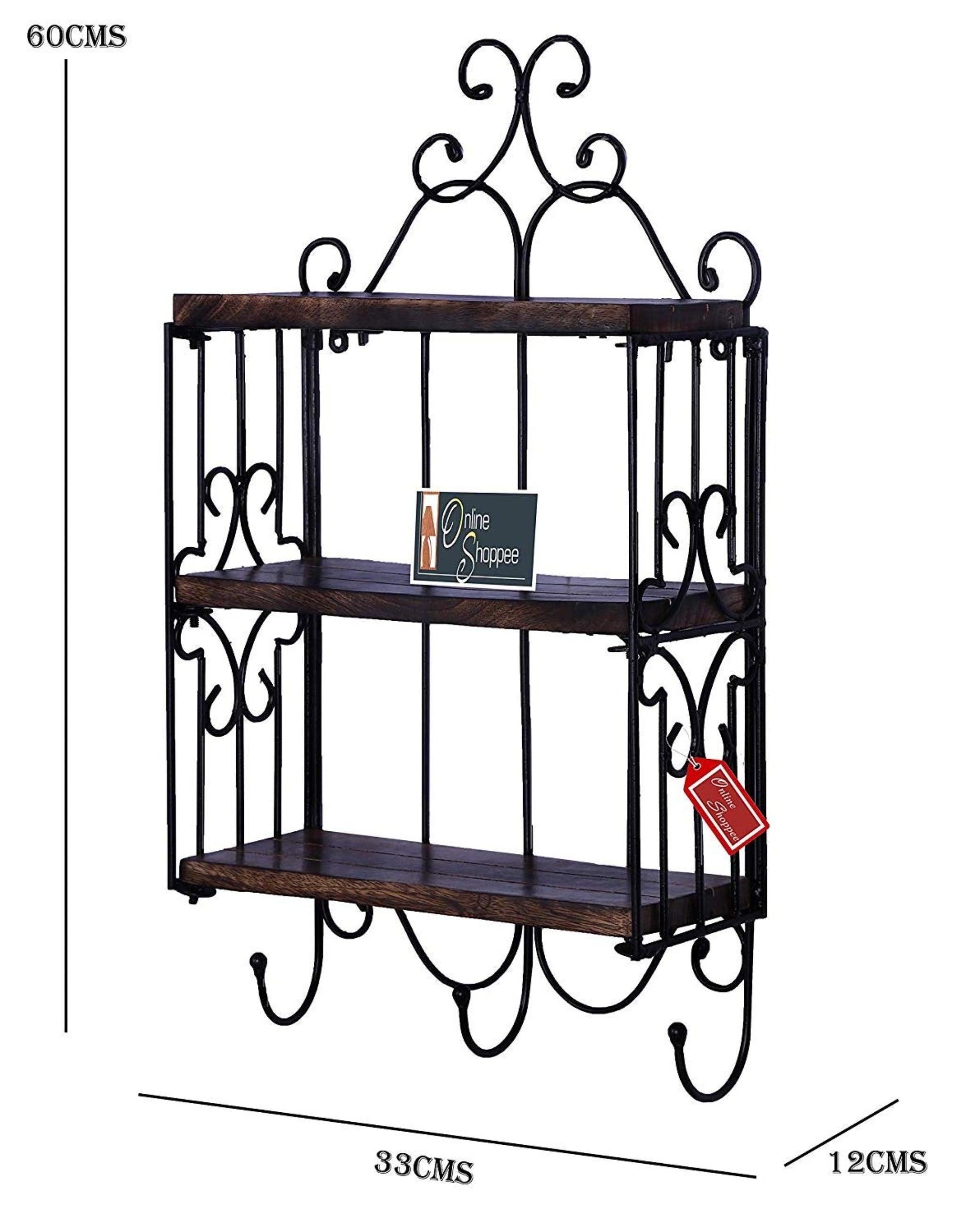 Wooden & Iron 3 Shelf Book/ Kitchen Rack With Cloth/Cup Hanger - WoodenTwist