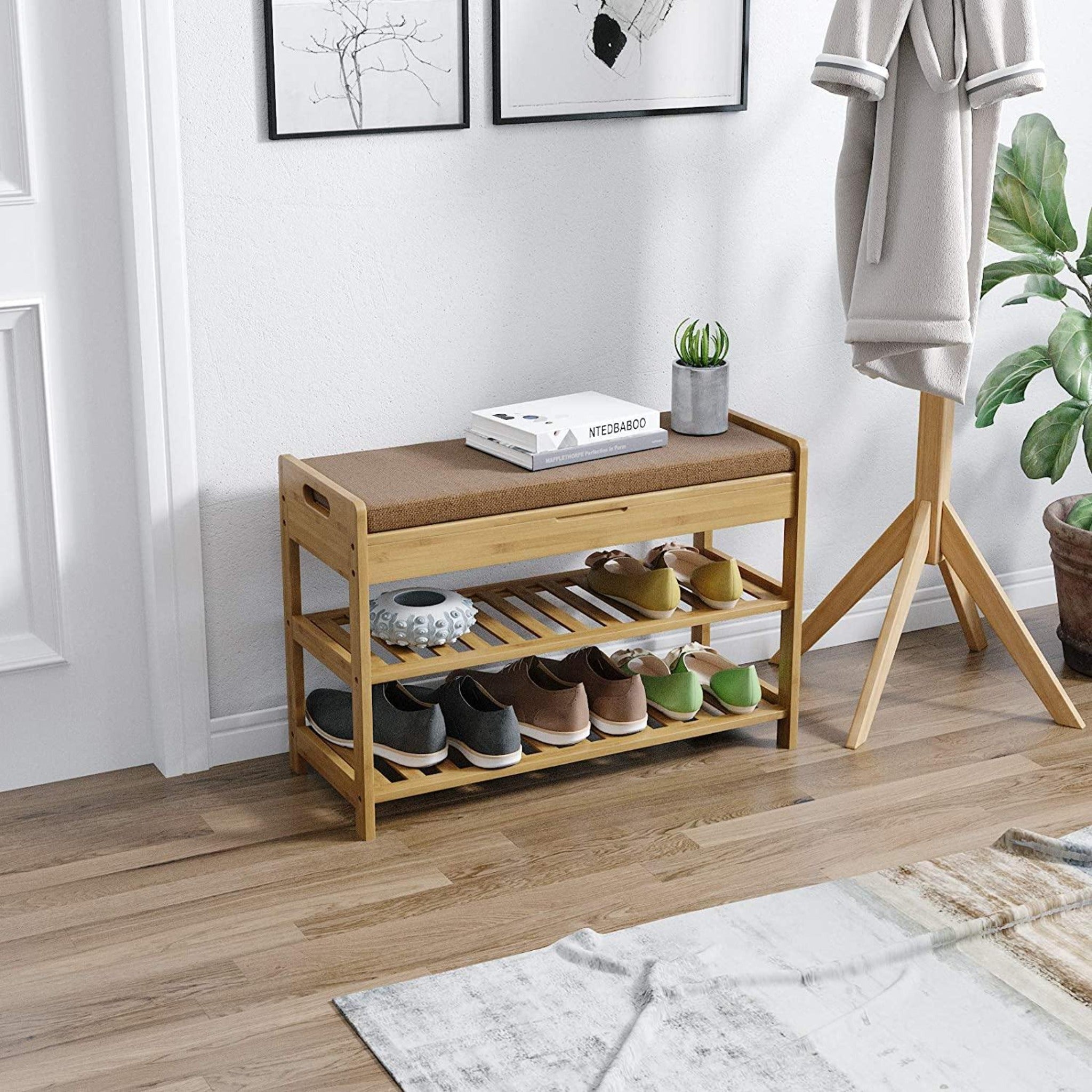 3-Tier Shoe Organizer in Bamboo Wood/Modern Stool with Cushion for Hallway - WoodenTwist