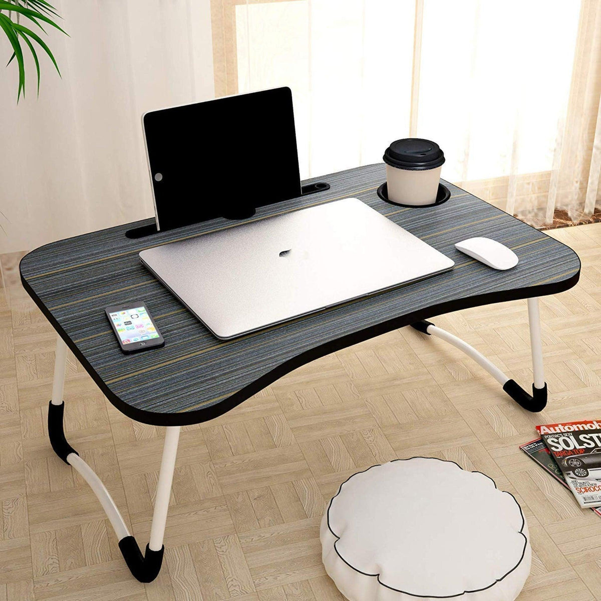 Foldable Laptop Table With Cup Holder And Mobile Tablet Holder (Grey) - WoodenTwist