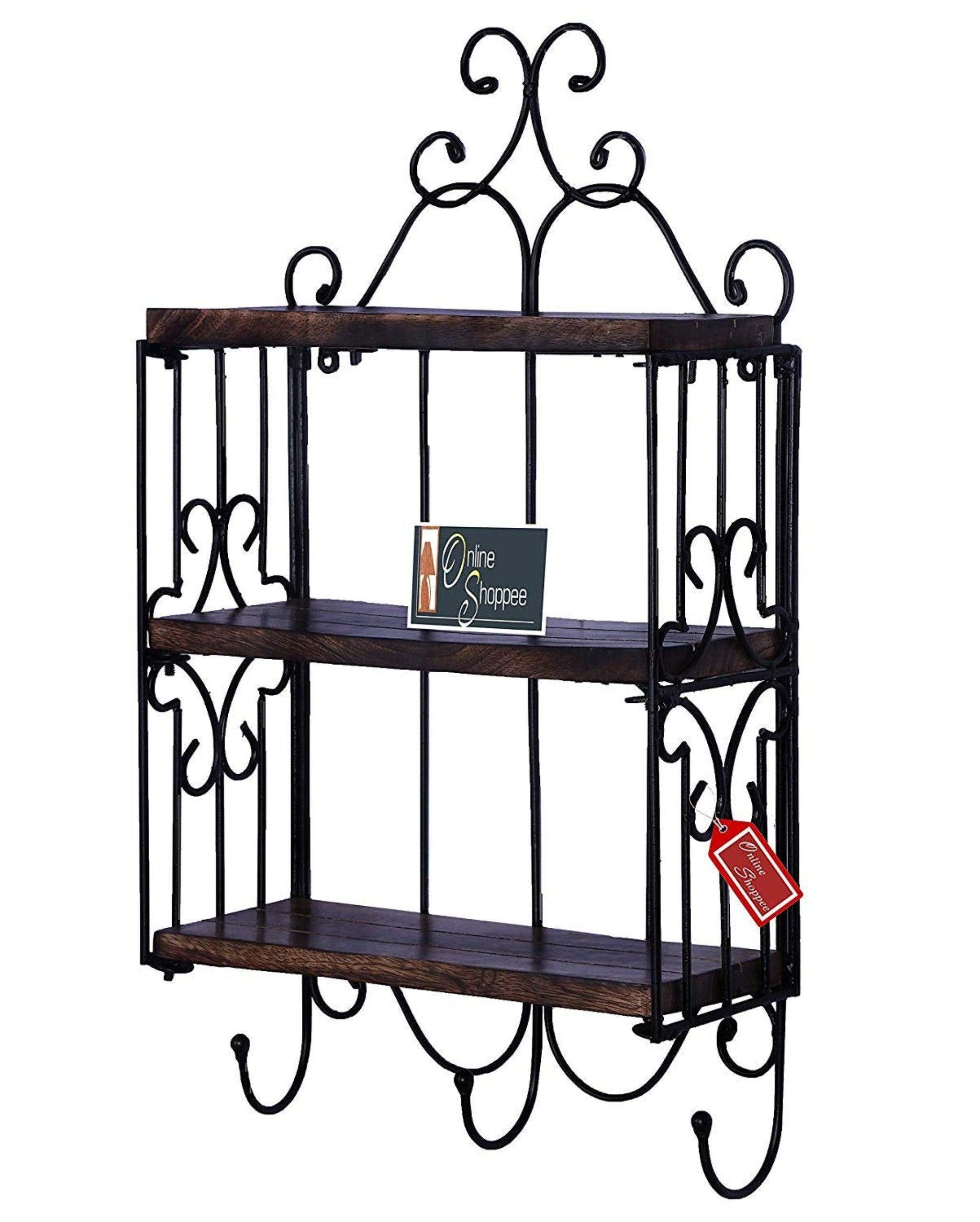 Wooden & Iron 3 Shelf Book/ Kitchen Rack With Cloth/Cup Hanger - WoodenTwist