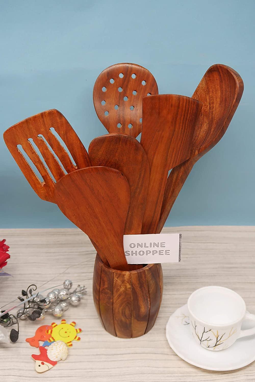 Wooden Kitchen Spoon Set of 6 with Barrel Stand - full set view