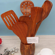 Wooden Kitchen Spoon Set of 6 with Barrel Stand - full set view