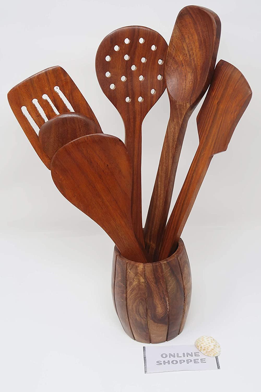 Wooden Kitchen Spoon Set of 6 with Barrel Stand - spoons detail