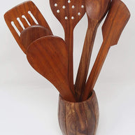 Wooden Kitchen Spoon Set of 6 with Barrel Stand - spoons detail