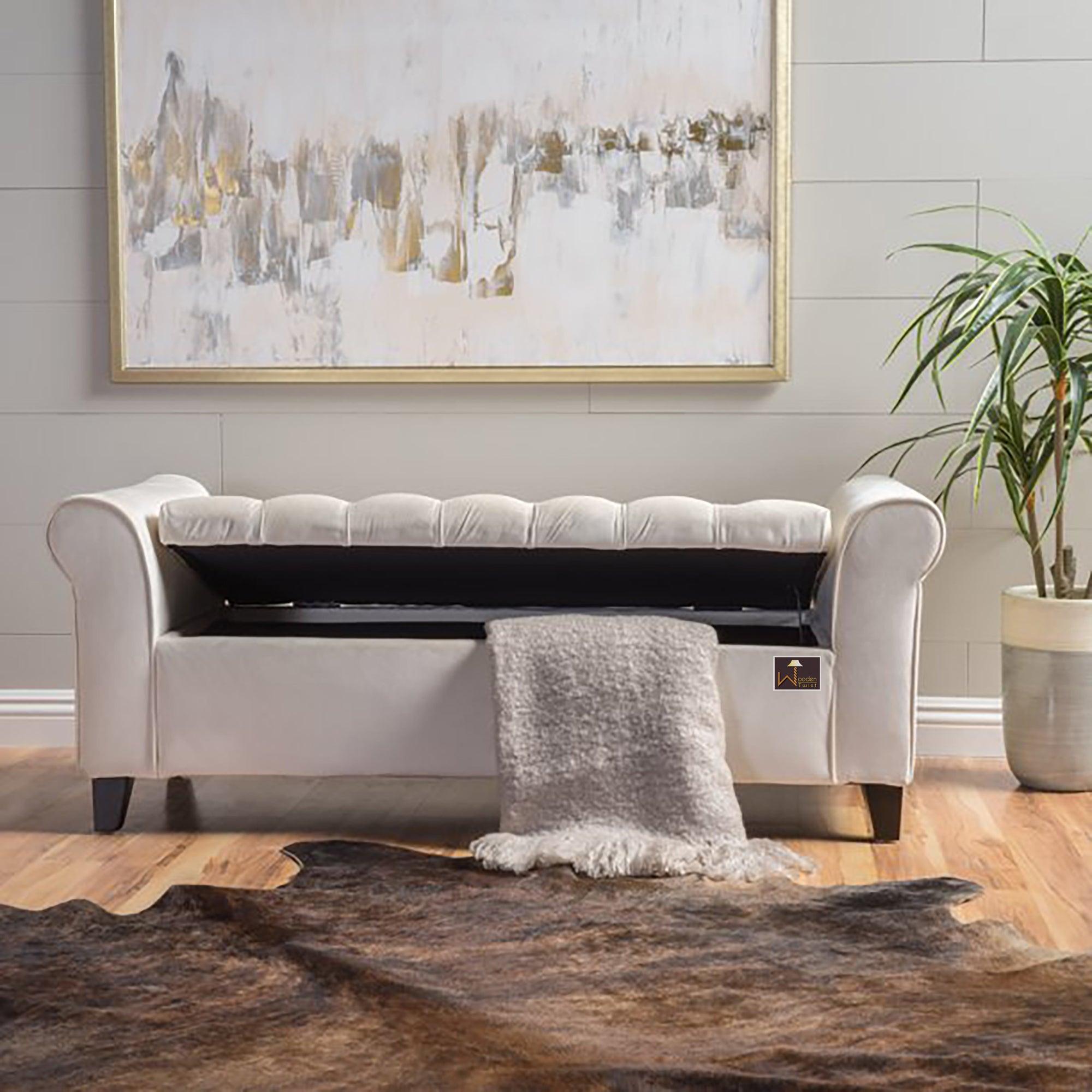 Zamansız Premium Wood Upholstered Flip top Storage Bench - WoodenTwist