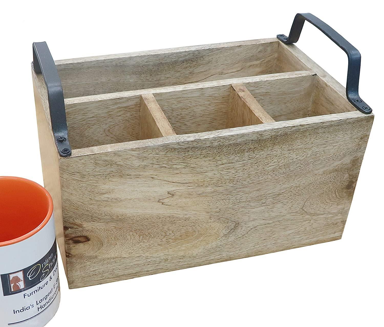 Wooden Caddy with Iron Handles - Brown finish view