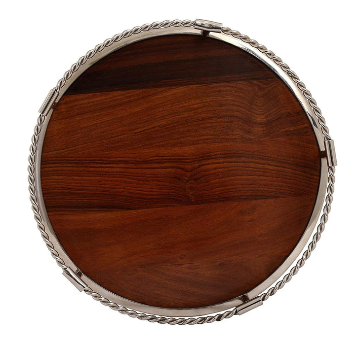Brown Wood & Aluminium Round Sheesham Serving Tray - WoodenTwist