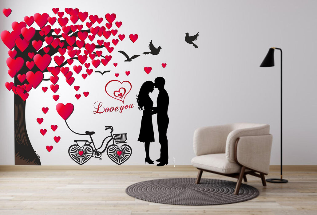 Romantic Couple Under The Heart Leaves Tree and Love Quote with Bicycle' Wall Sticker - WoodenTwist