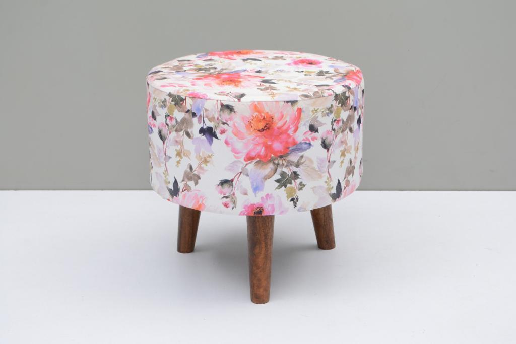 Round mango wood foot stool in multicolor with cotton embroidered - WoodenTwist