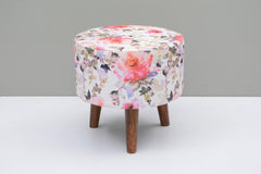 Round mango wood foot stool in multicolor with cotton embroidered - WoodenTwist