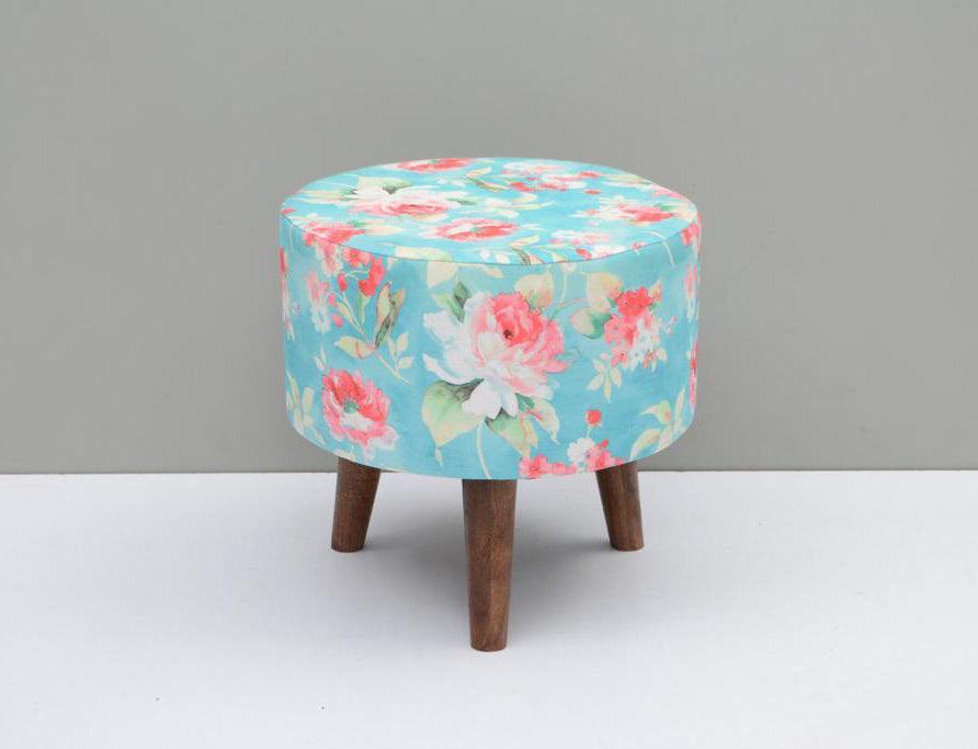 Round mango wood foot stool in multicolor with cotton embroidered - WoodenTwist