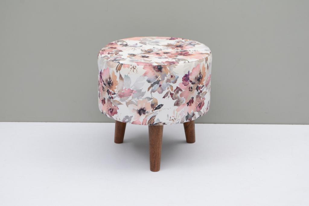 Round mango wood foot stool in multicolor with cotton embroidered - WoodenTwist