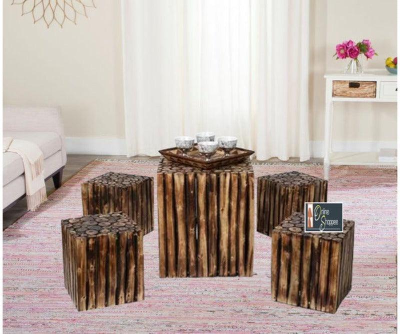 Bloque De Madera Wooden Square Coffee Table With 4 Stool - WoodenTwist