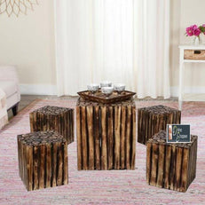 Bloque De Madera Wooden Square Coffee Table With 4 Stool - WoodenTwist