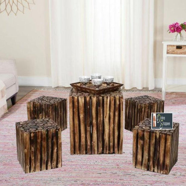 Bloque De Madera Wooden Square Coffee Table With 4 Stool - WoodenTwist
